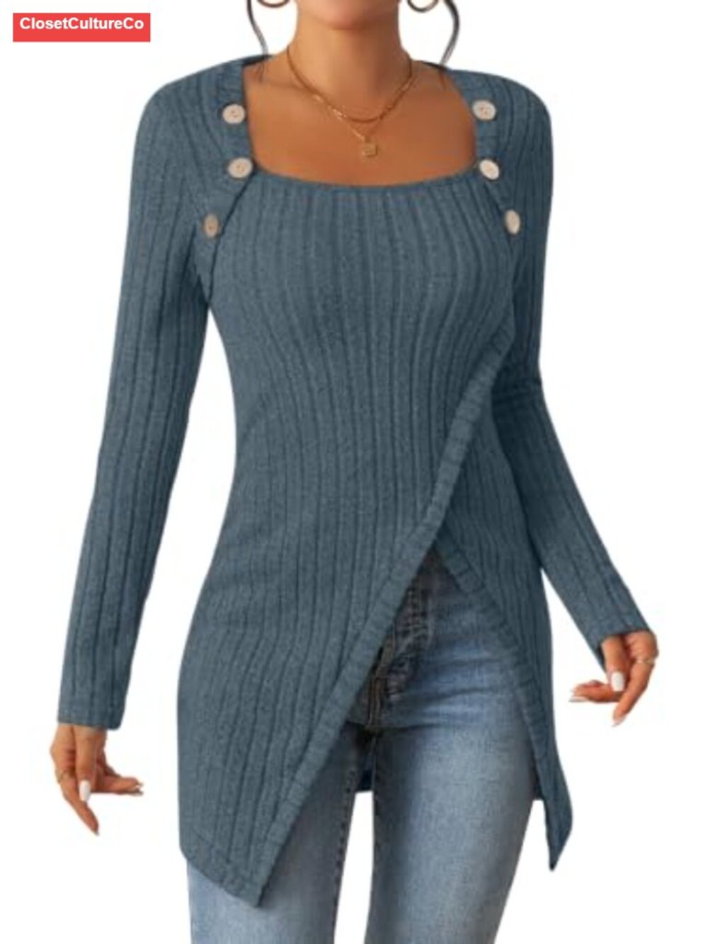 Women's Lightweight Long Sleeve Tunic Square Neck Asymmetrical Hem Top